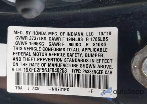 2018 Honda Civic Lx z USA, uszkodzony, nr VIN 19XFC2F56JE040253
